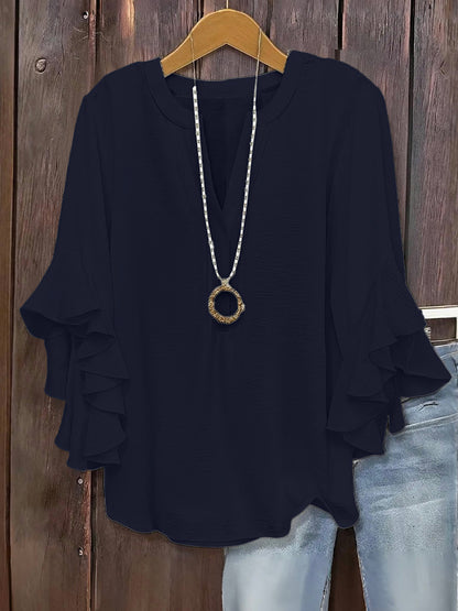🔥V-Neck Plus-Size Women's Loose-Fit Casual Ruffled Three-Quarter-Sleeve Shirt