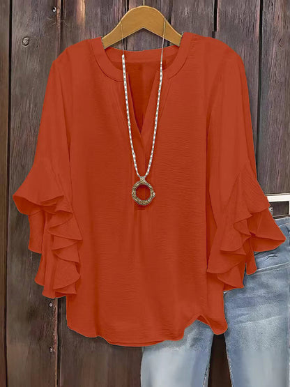 🔥V-Neck Plus-Size Women's Loose-Fit Casual Ruffled Three-Quarter-Sleeve Shirt
