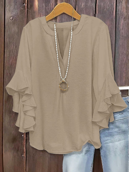 🔥V-Neck Plus-Size Women's Loose-Fit Casual Ruffled Three-Quarter-Sleeve Shirt