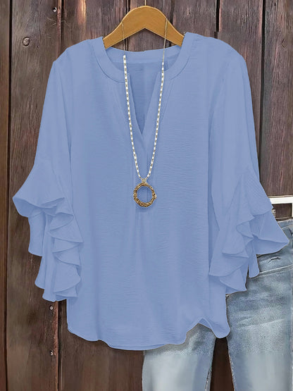 🔥V-Neck Plus-Size Women's Loose-Fit Casual Ruffled Three-Quarter-Sleeve Shirt