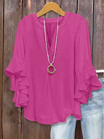 🔥V-Neck Plus-Size Women's Loose-Fit Casual Ruffled Three-Quarter-Sleeve Shirt