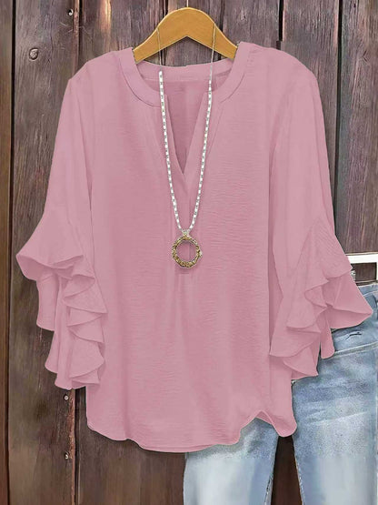 🔥V-Neck Plus-Size Women's Loose-Fit Casual Ruffled Three-Quarter-Sleeve Shirt